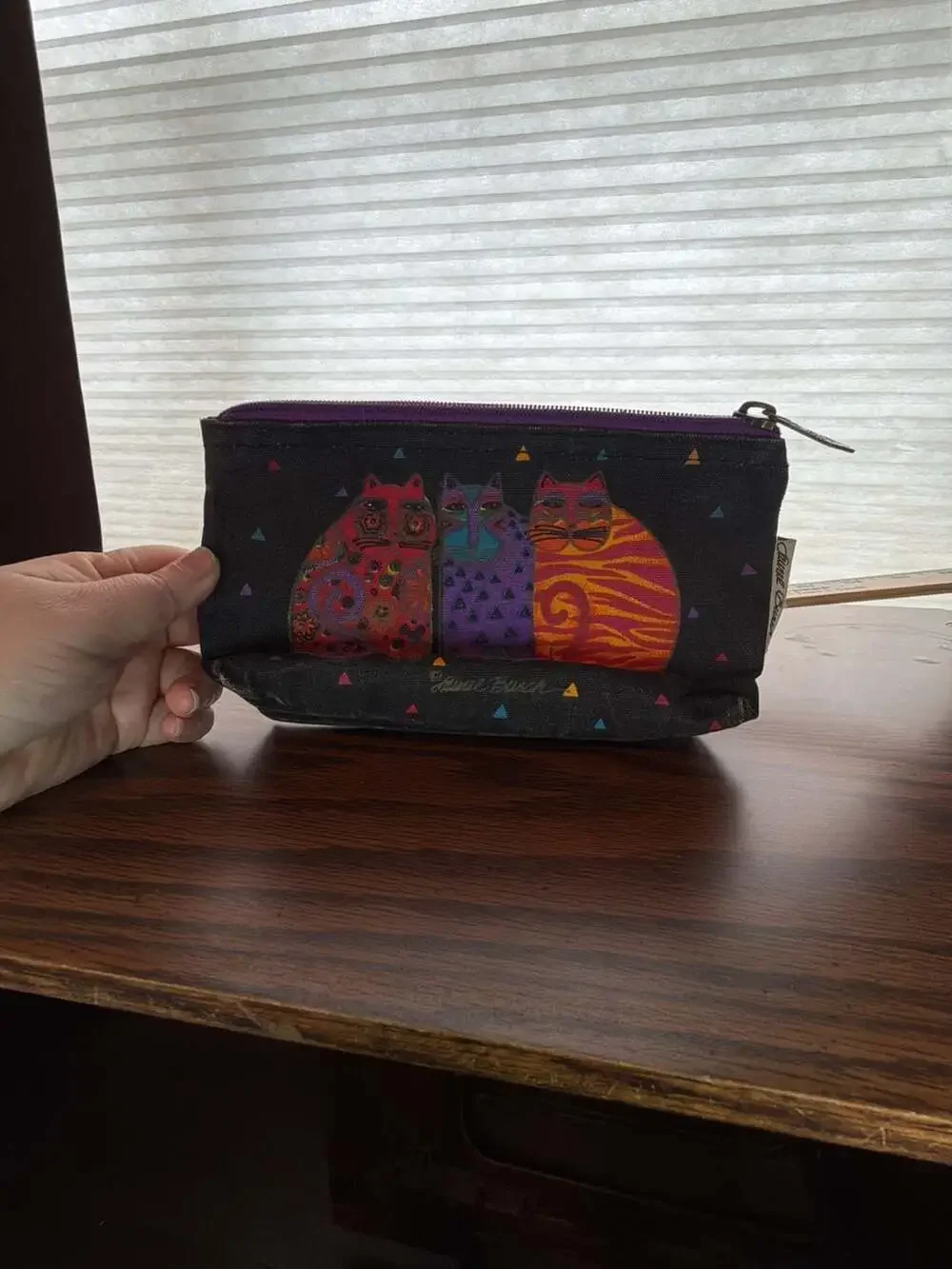 Laurel Burch Colorful Painted Cats On Black Canvas Cosmetic Utility Bag
